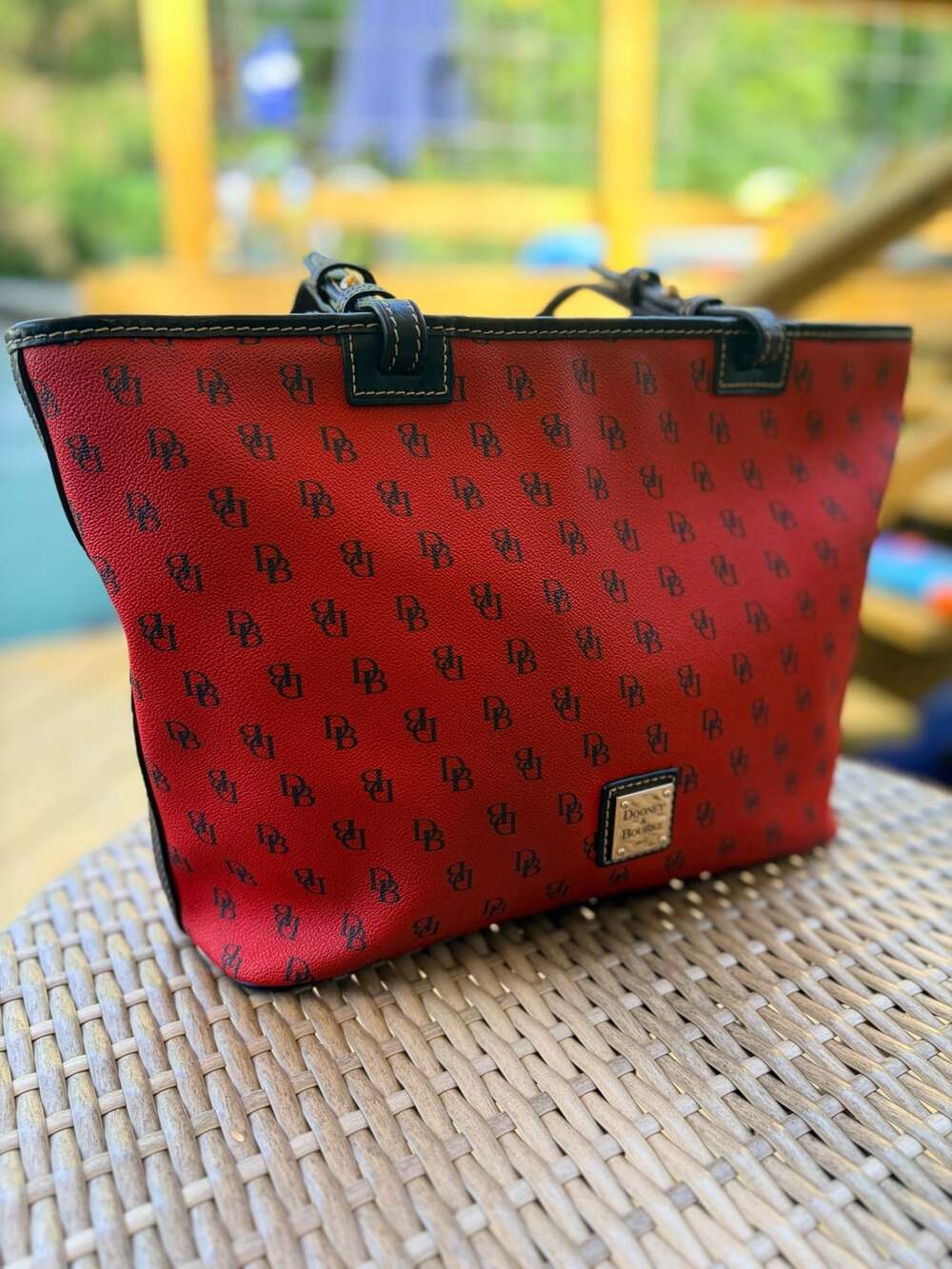 Dooney & Bourke Monogram DB Print Red Coated Canvas Tote Shoulder Bag